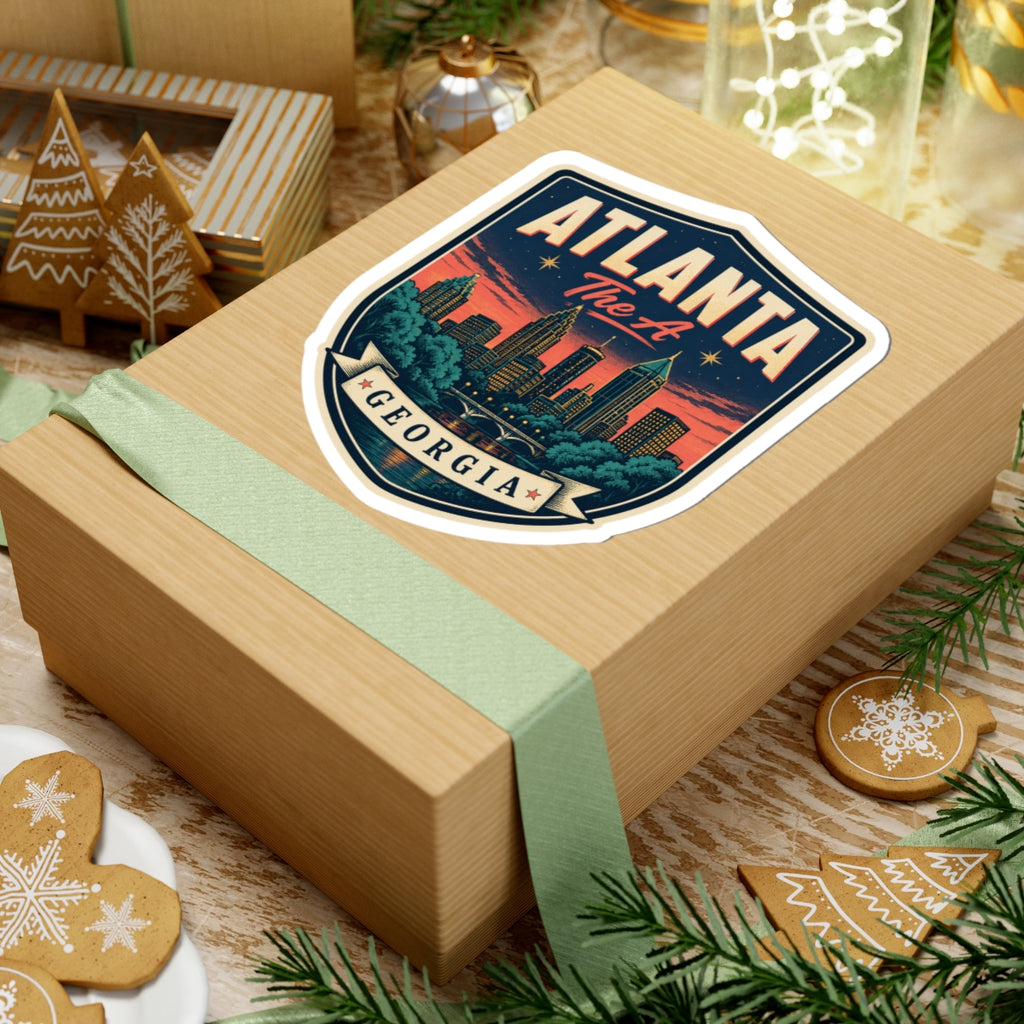Atlanta Georgia luggage tag sticker on gift box top, 'The A' over skyline art