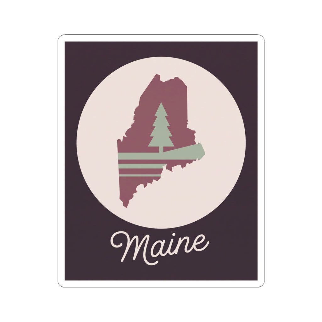 Square vinyl Maine silhouette sticker in mauve with pine tree and 'Maine' script.