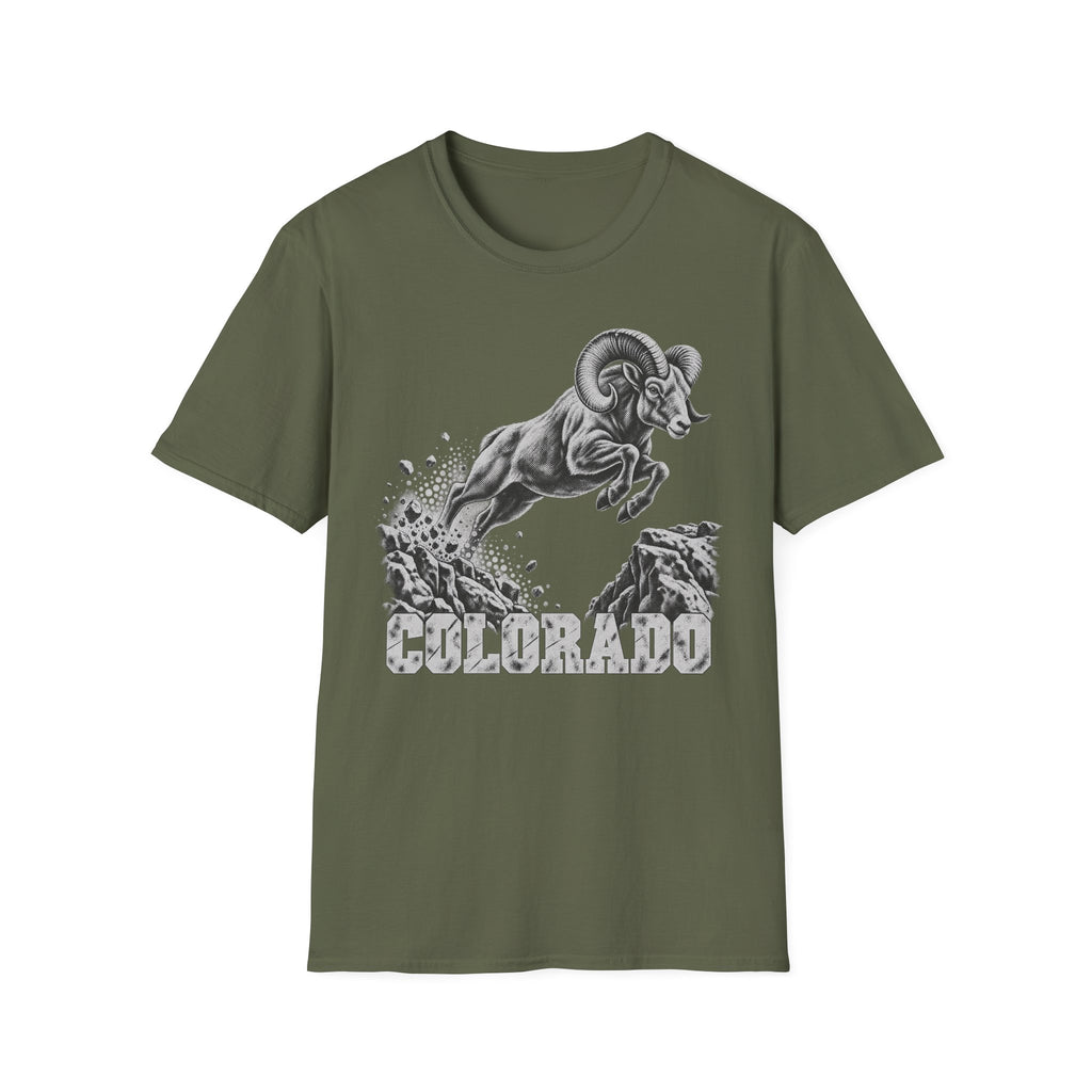 Olive green t-shirt with bighorn sheep and Colorado wildlife graphic on front