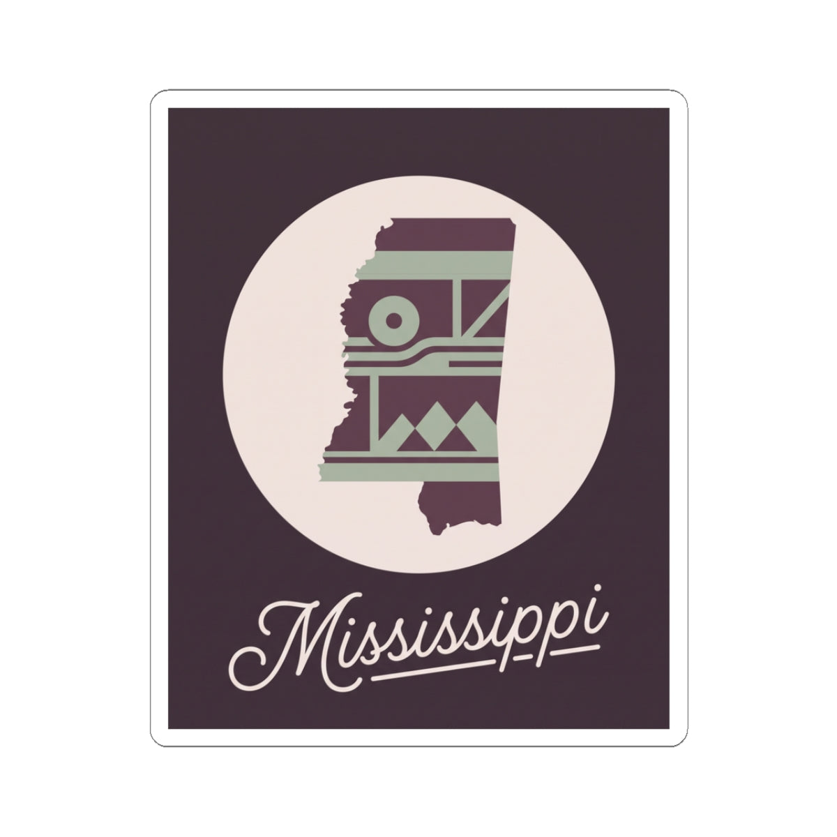 Mississippi state silhouette kiss-cut decal with circular logo and script text, purple and green