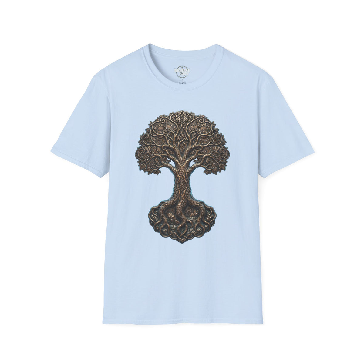 Light blue t-shirt featuring a dark bronze Celtic Tree of Life knotwork graphic.