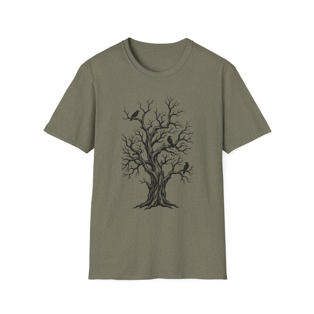 Olive green T-shirt with bare tree and black crow graphic print