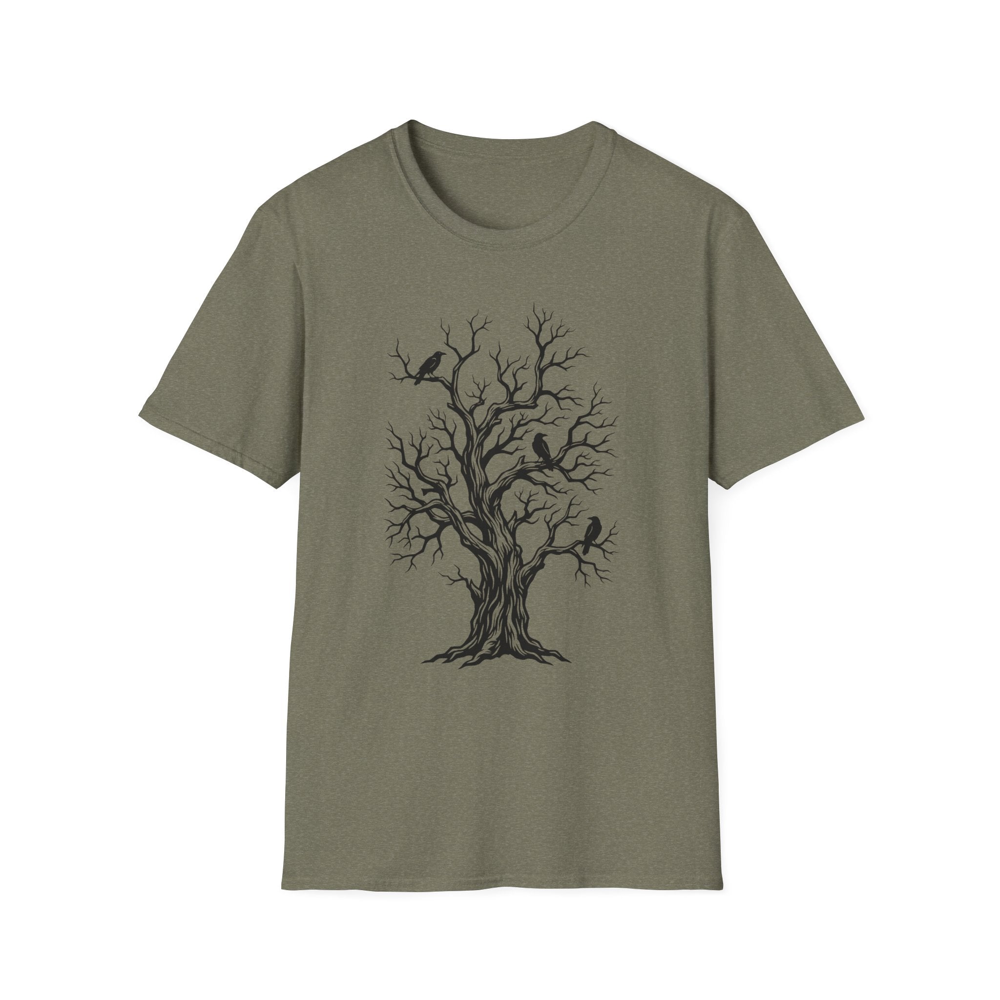 Olive green T-shirt with bare tree and black crow graphic print