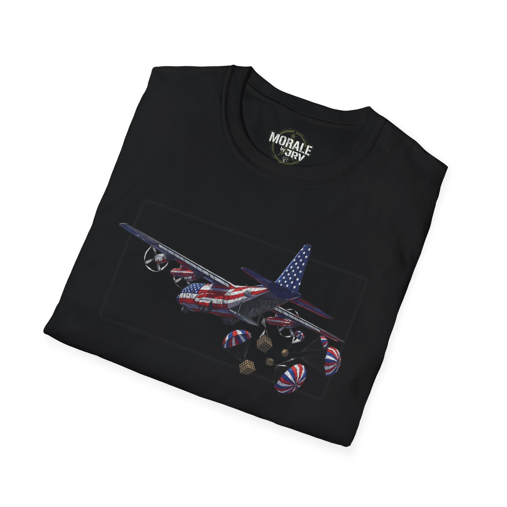 Black C-130 Hercules T-shirt with aircraft and parachute drop graphic