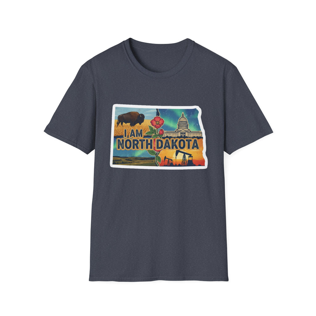 Camiseta azul oscuro North Dakota con bisonte, flores y capitolio en el pecho
