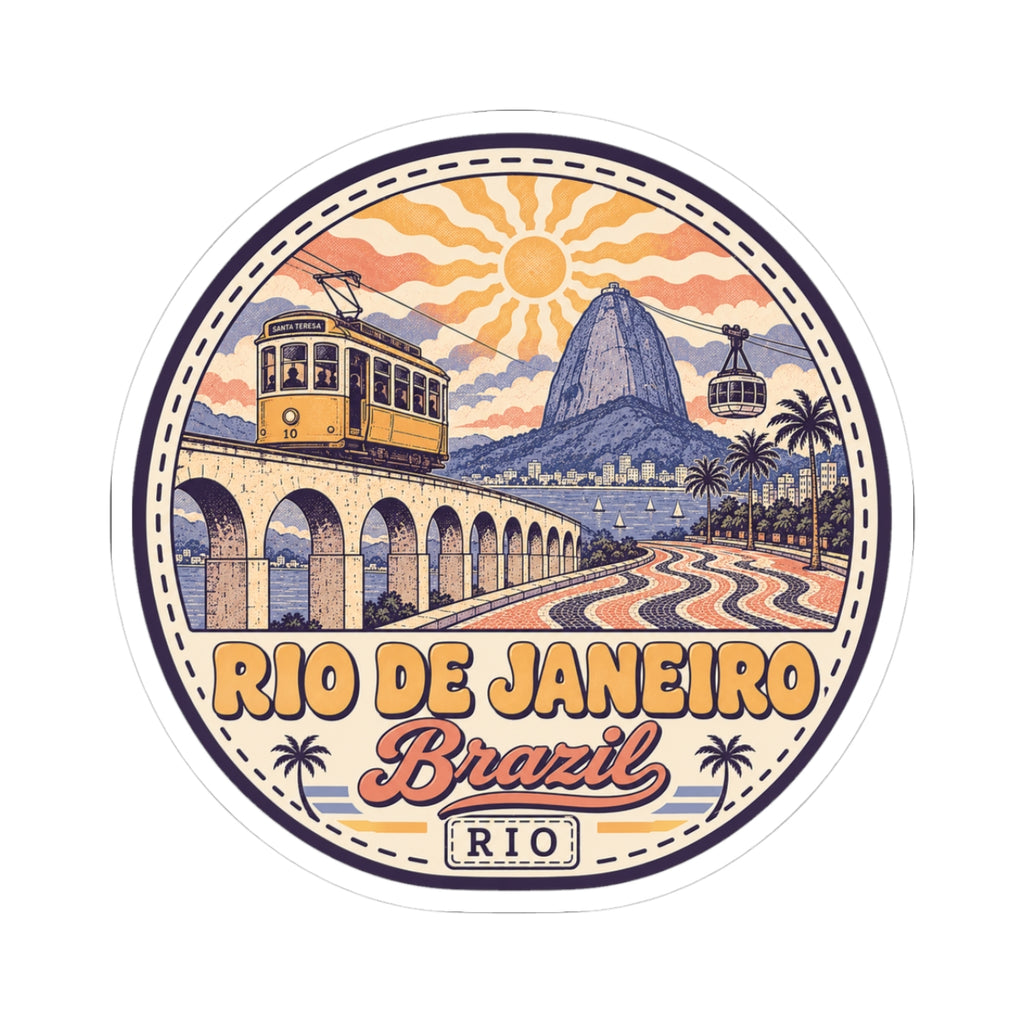 Round kiss-cut travel sticker: Rio de Janeiro Brazil scene with train, mountain, sun, and text