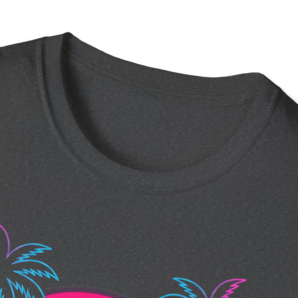 Vaporwave Skull Sunset T-shirt, Black—crew neck close-up with partial neon palm graphic
