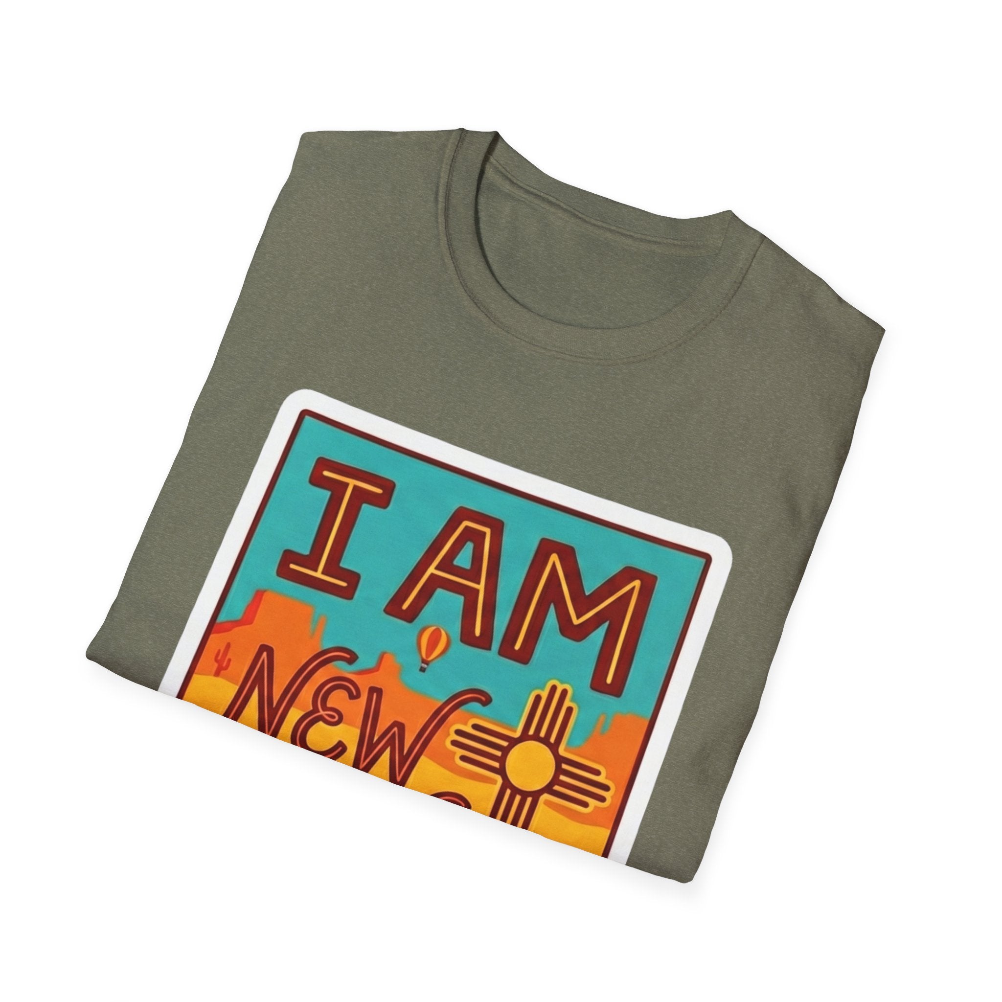 New Mexico pride T-shirt, olive front with “I AM NEW MEXICO” graphic