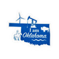Blue “I am Oklahoma” sticker with cross, airplane, oil rig, buffalo and white border