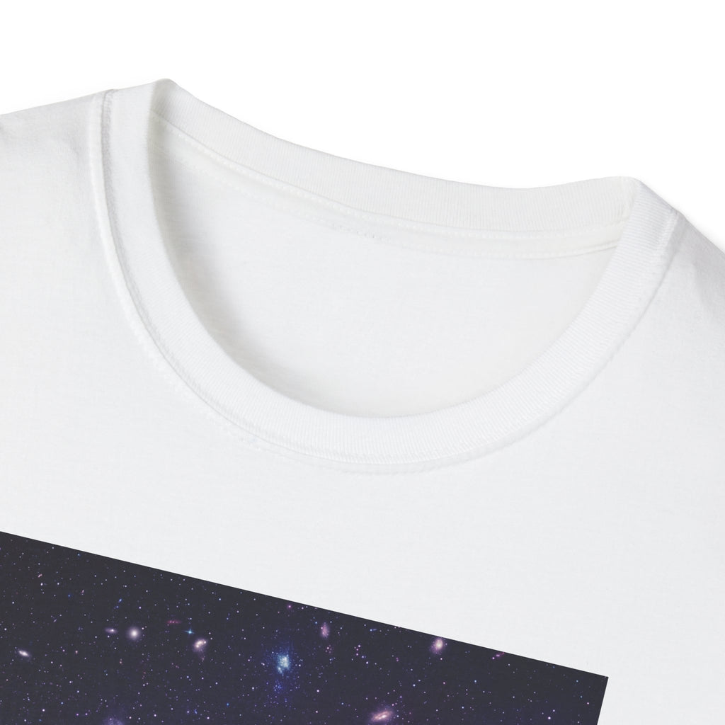 White crew-neck T-shirt collar with top edge of galaxy skull graphic