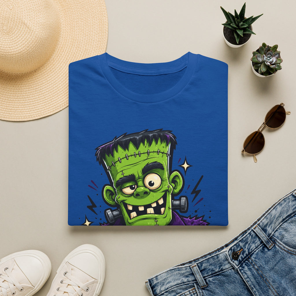 Royal blue crew-neck T-shirt with green Frankenstein-style monster face graphic