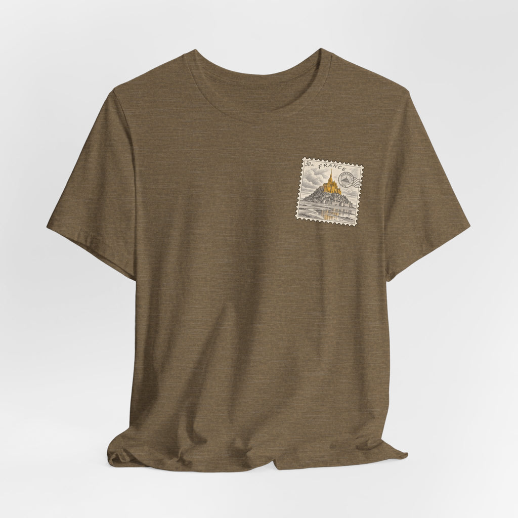 Olive-brown crew-neck T-shirt with small postage stamp graphic on chest