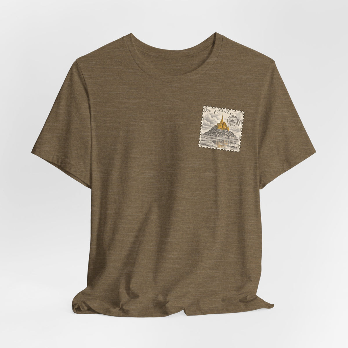 Olive-brown crew-neck T-shirt with small postage stamp graphic on chest