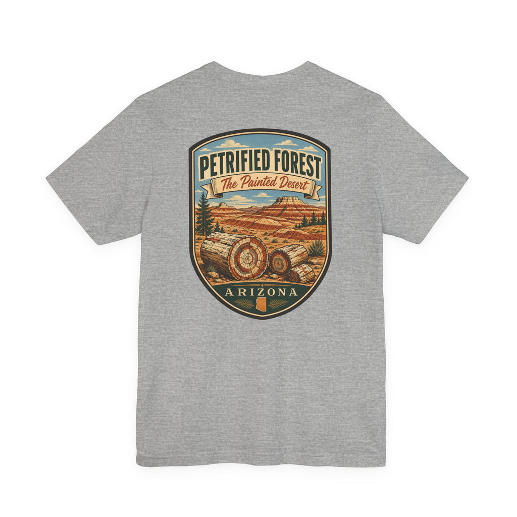 Heather gray t-shirt with large retro desert badge graphic on back
