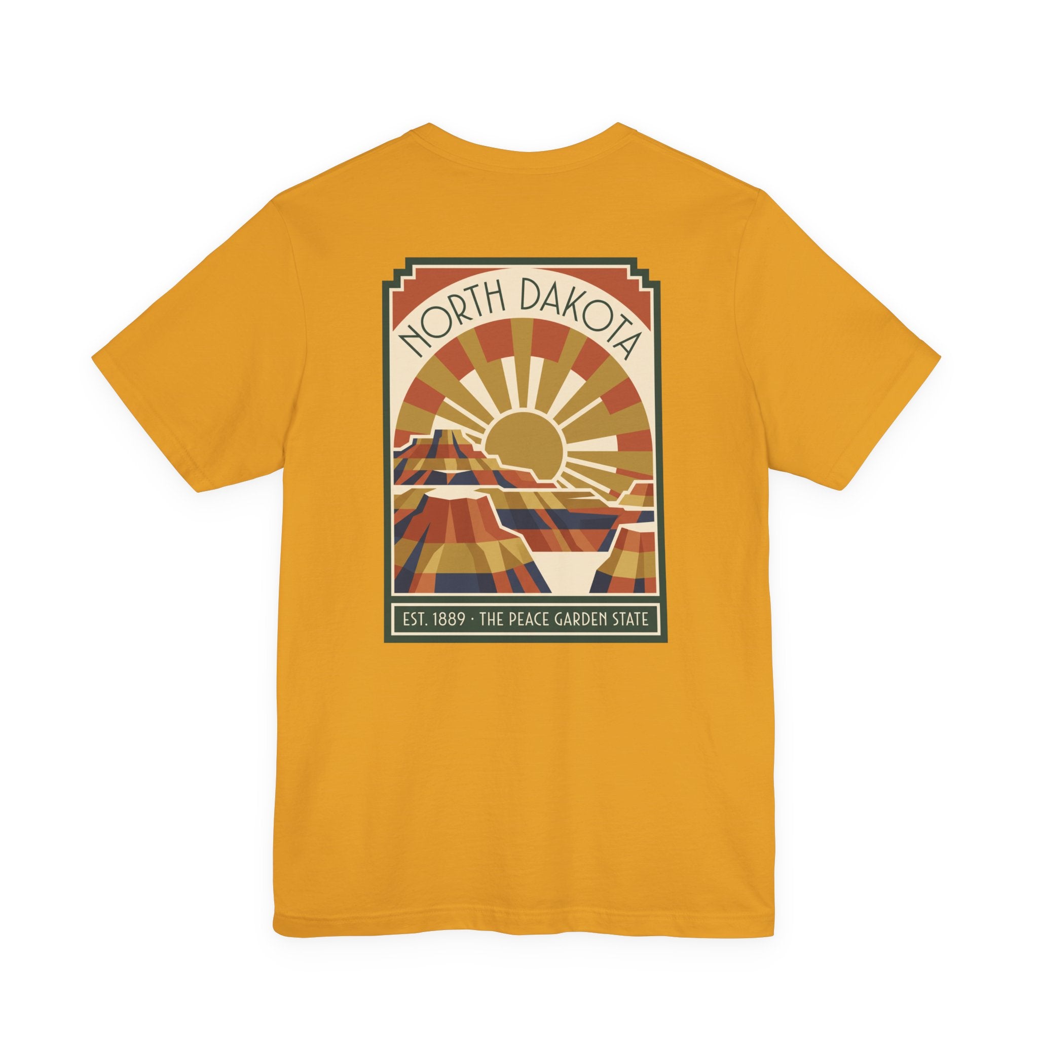 Mustard T-shirt with framed North Dakota sunburst graphic, EST. 1889