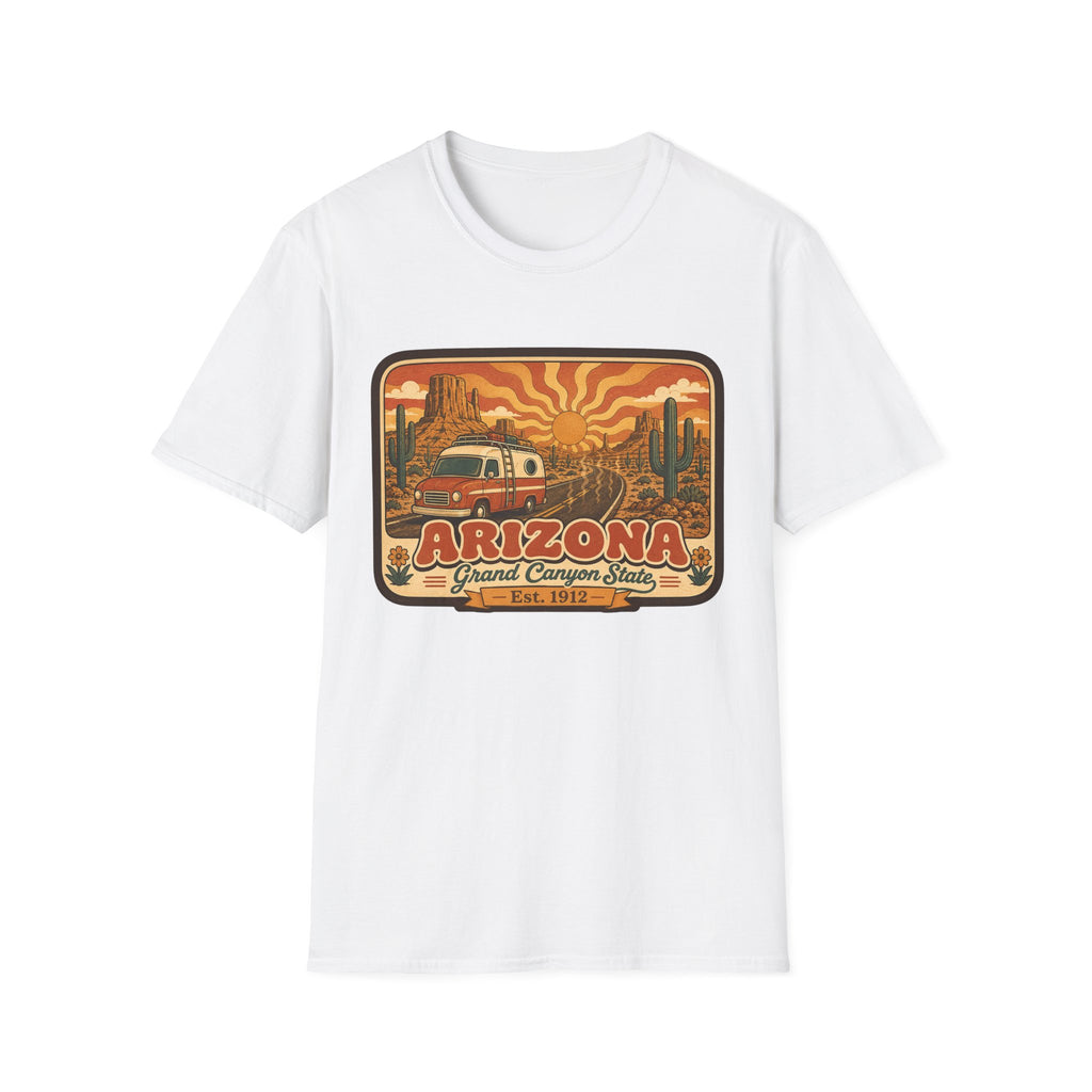 Men’s unisex white T-shirt with Arizona graphic print featuring a camper and desert scene