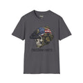 Dark heather tee: skull soldier helmet, U.S. flag graphic, "FREEDOM COSTS"