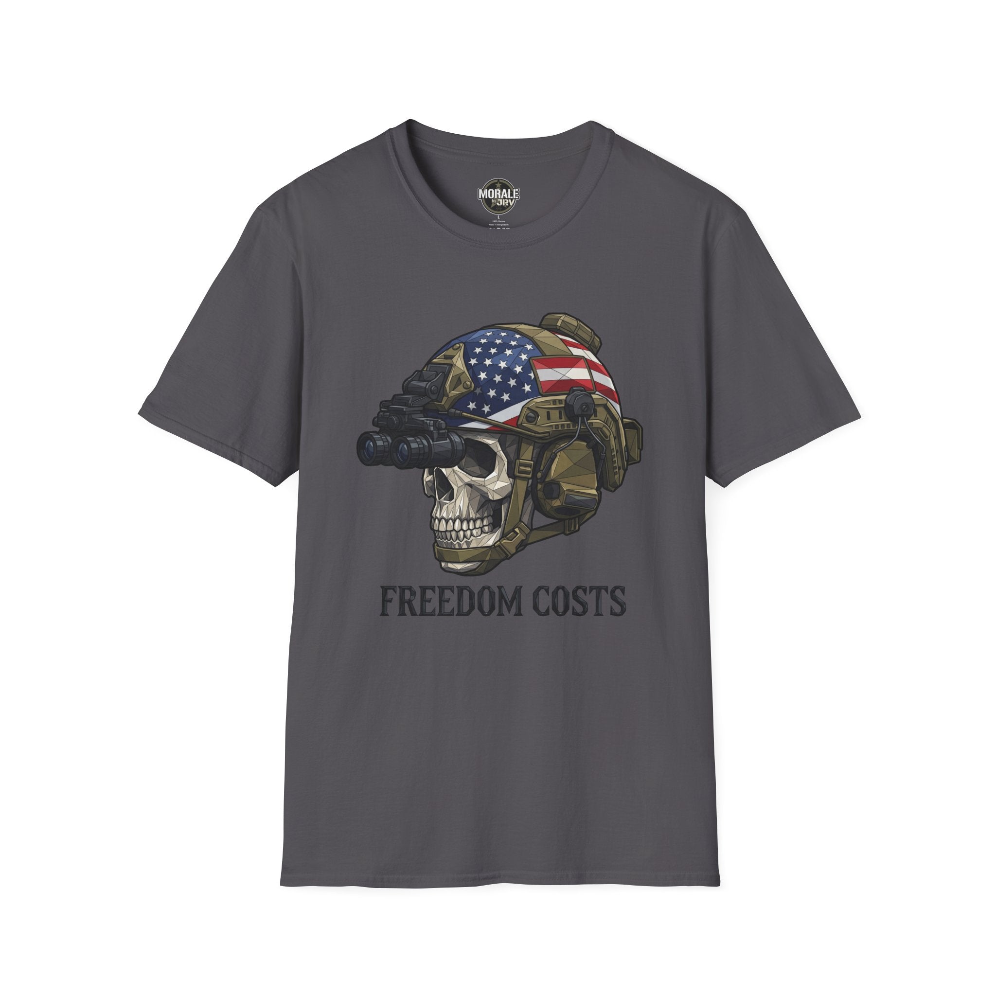 Dark heather tee: skull soldier helmet, U.S. flag graphic, "FREEDOM COSTS"