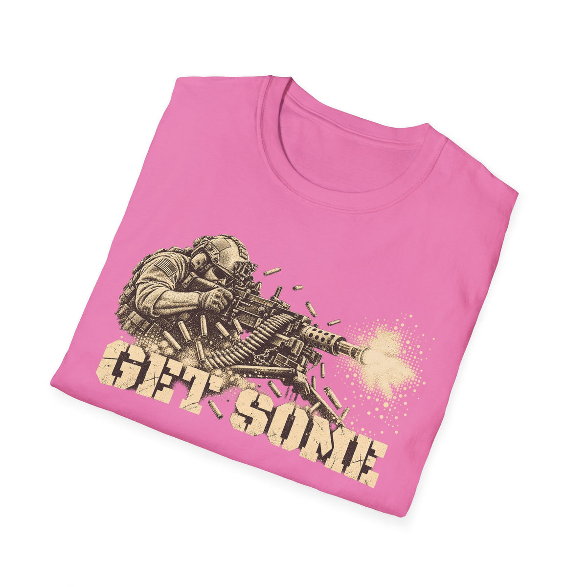 Pink crewneck T-shirt with soldier aiming machine gun and "GET SOME" graphic