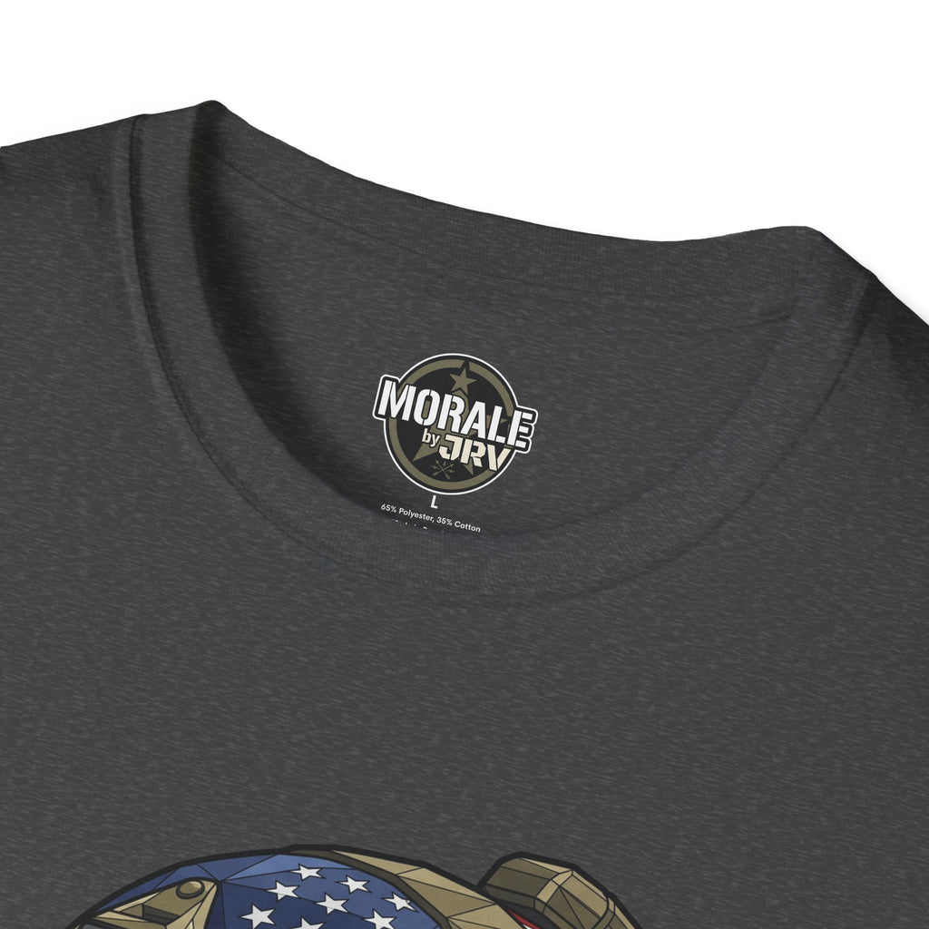 Charcoal T-shirt: small chest badge logo above patriotic skull helmet graphic