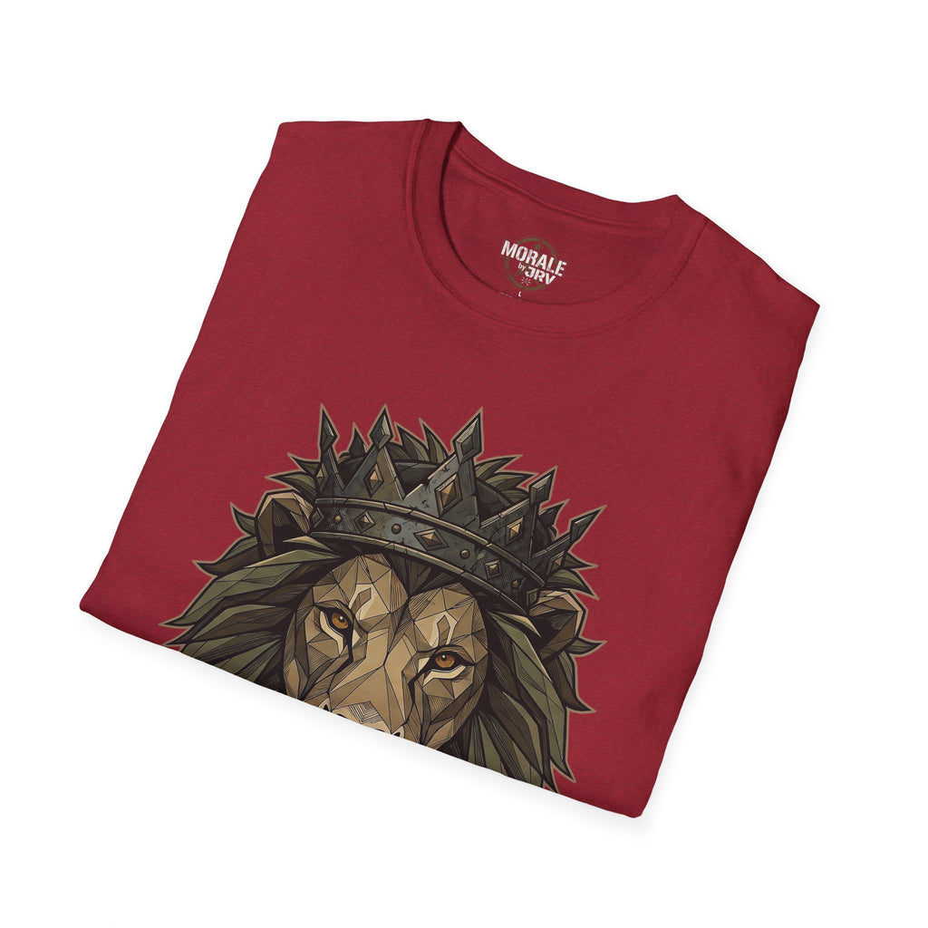 Antique cherry red tee with crowned lion head graphic on the front