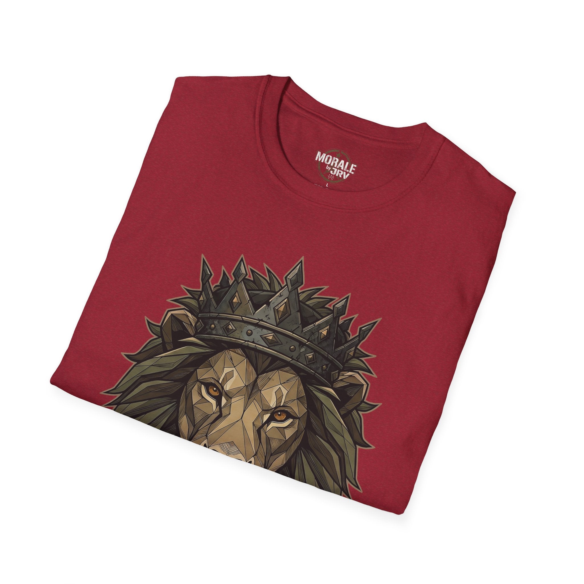 Antique cherry red tee with crowned lion head graphic on the front