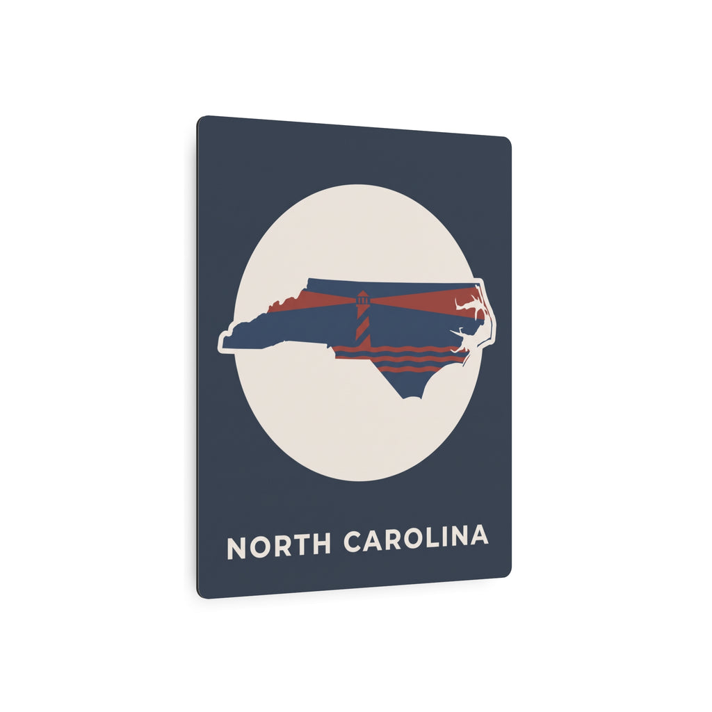 North Carolina metal art sign with circular emblem and blue-red state lighthouse graphic