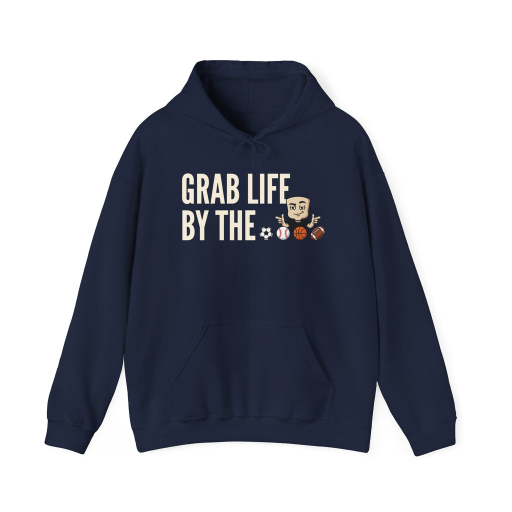 Navy hoodie with front pocket and drawstring; "GRAB LIFE BY THE" sports graphic