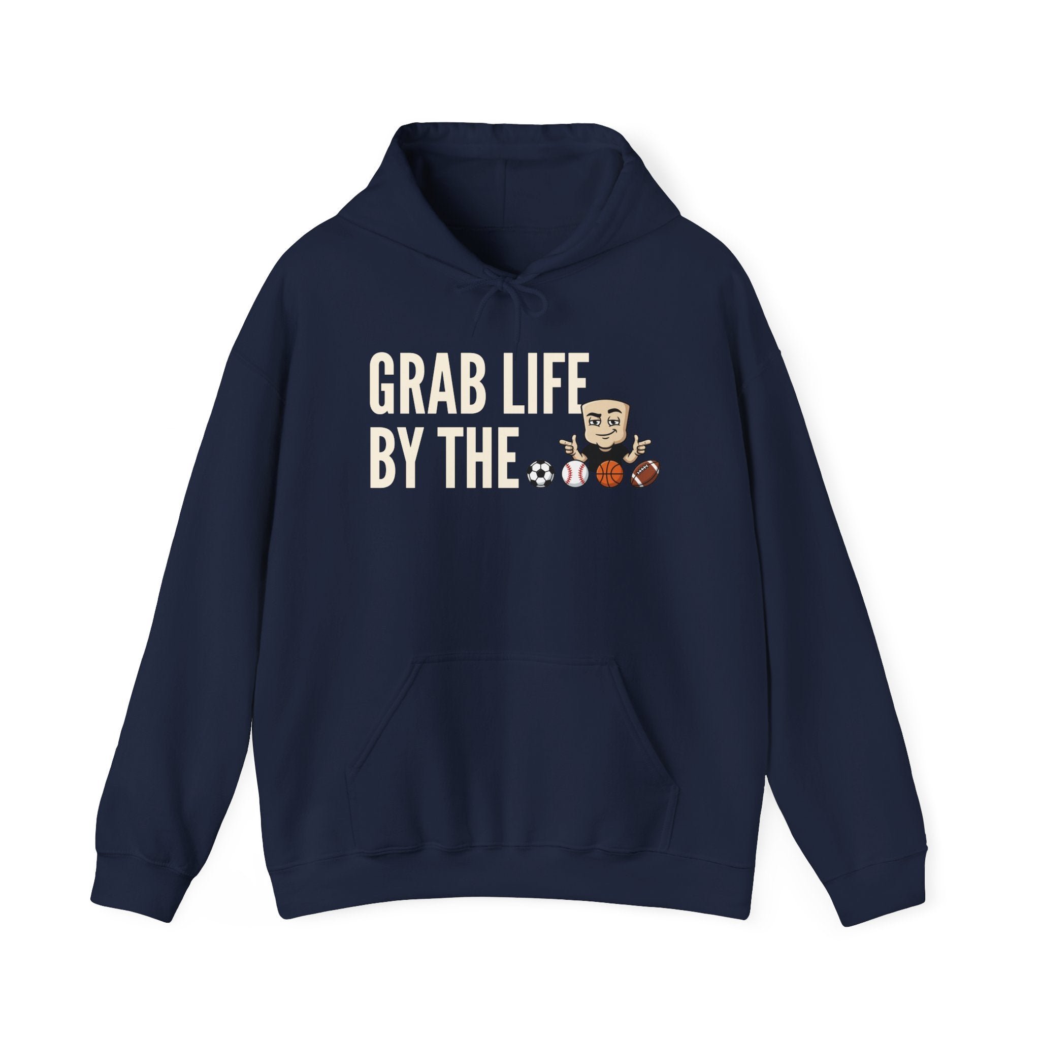 Navy hoodie with front pocket and drawstring; "GRAB LIFE BY THE" sports graphic