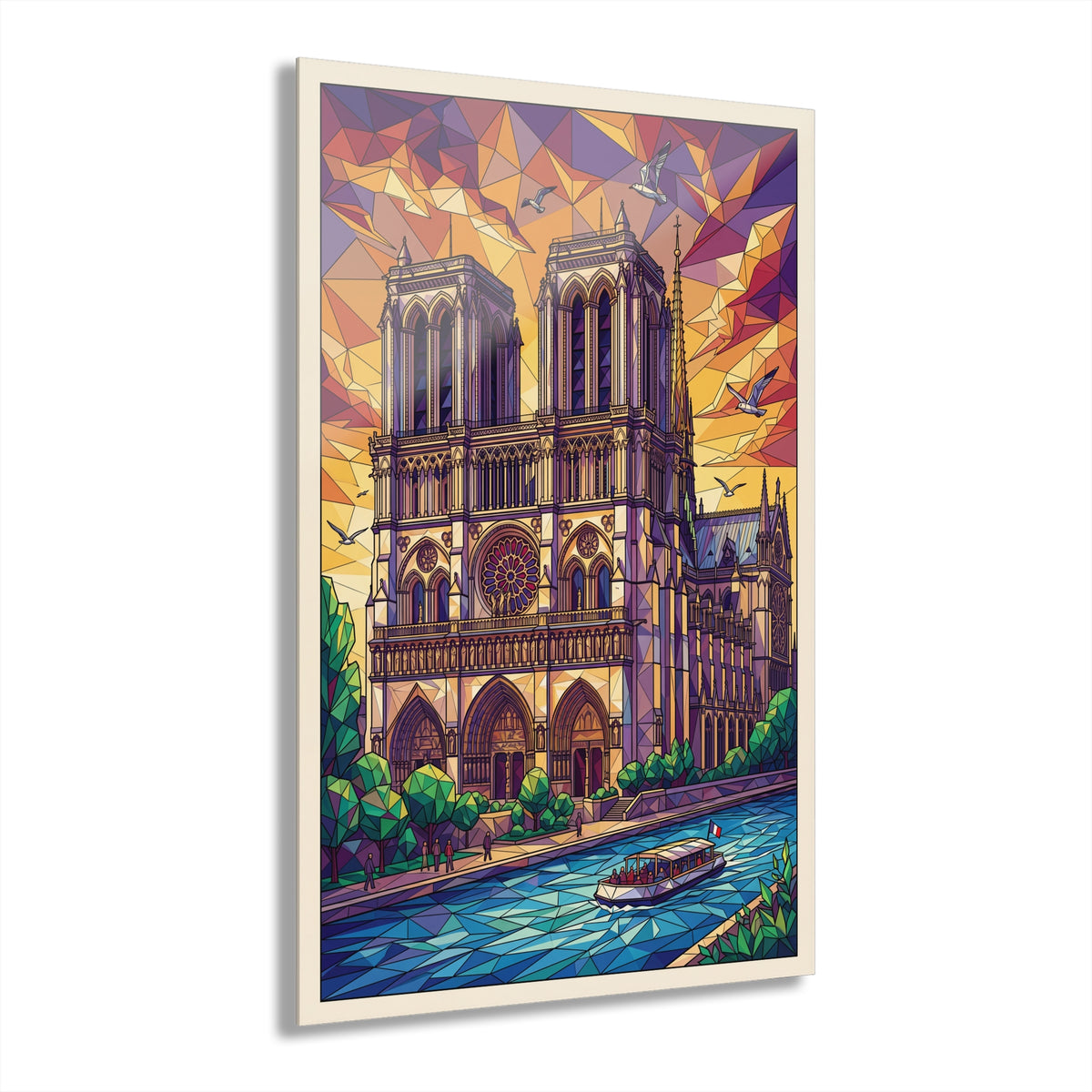 Geometric Notre-Dame cathedral acrylic wall art with colorful stained-glass style