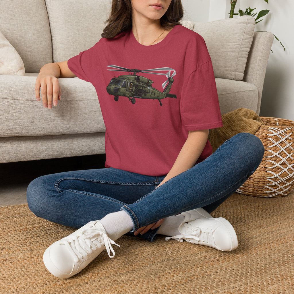 Helicopter graphic t-shirt in maroon with front helicopter aviation artwork