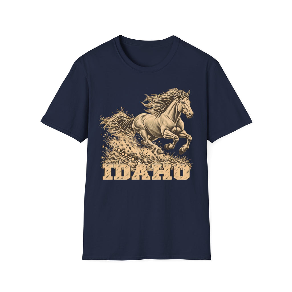 Navy T-shirt with golden running horse graphic and Idaho text