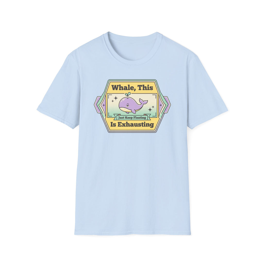 Light blue T-shirt with purple whale retro graphic and slogan print