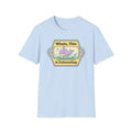 Light blue T-shirt with purple whale retro graphic and slogan print