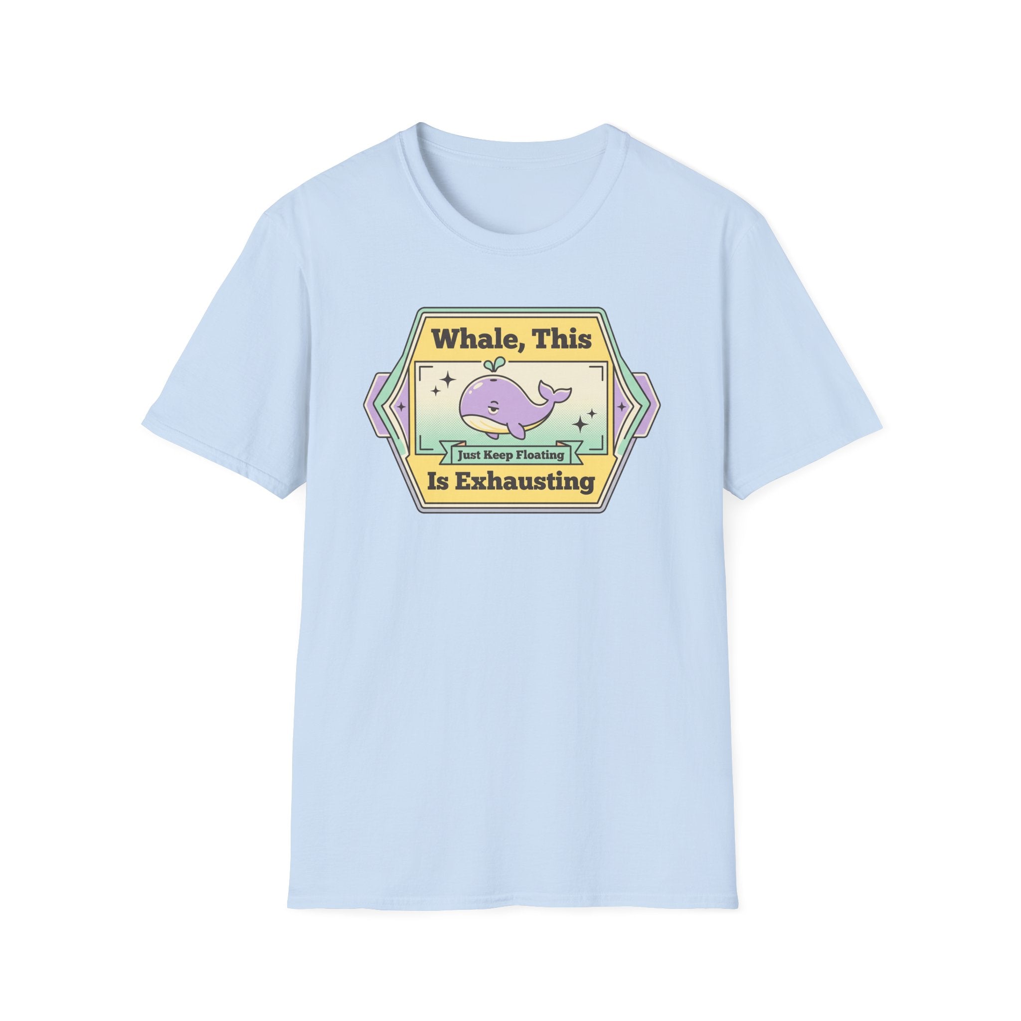 Light blue T-shirt with purple whale retro graphic and slogan print