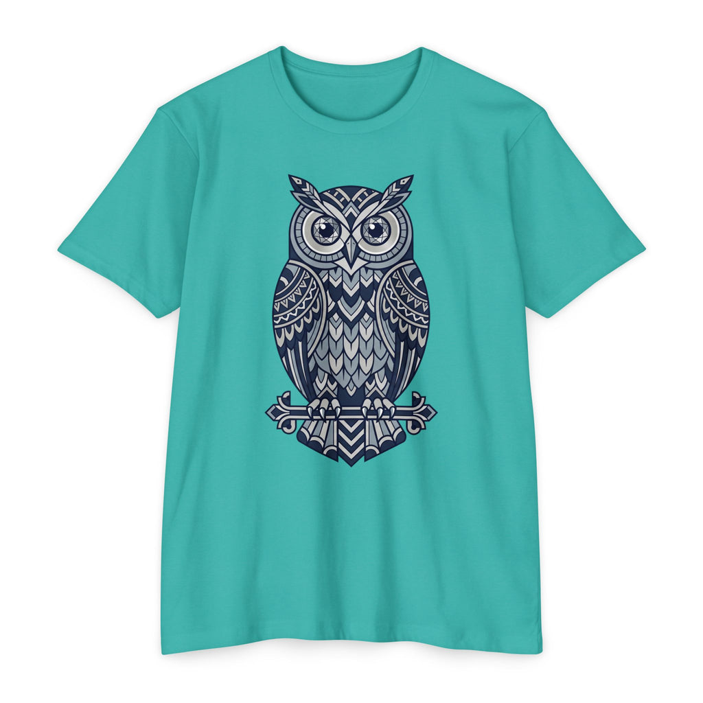 Graphic owl T-shirt, teal crew neck short sleeves, blue owl graphic