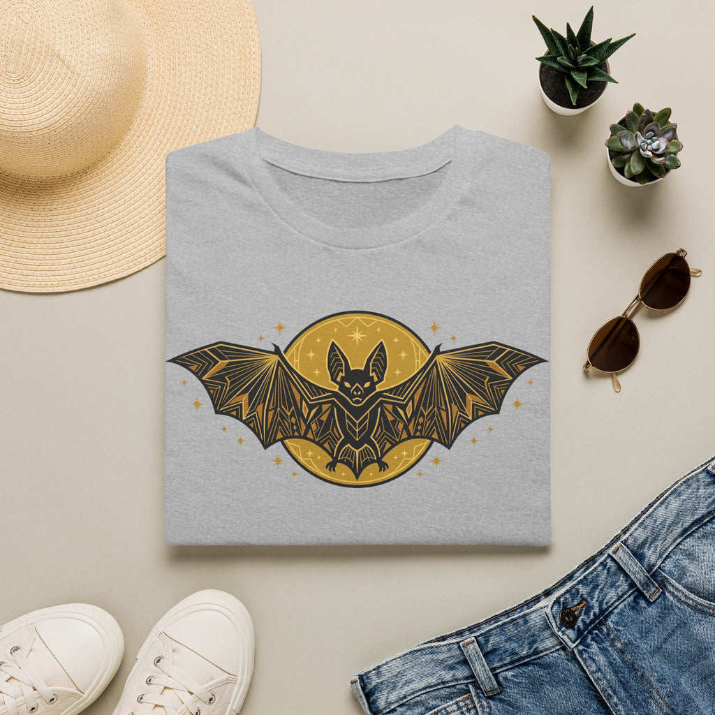 Light gray graphic T-shirt with gold bat moon and winged stars