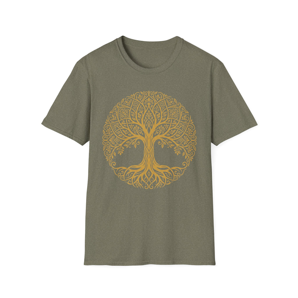 Gold Tree of Life T-shirt, Celtic mandala tree graphic on olive green tee