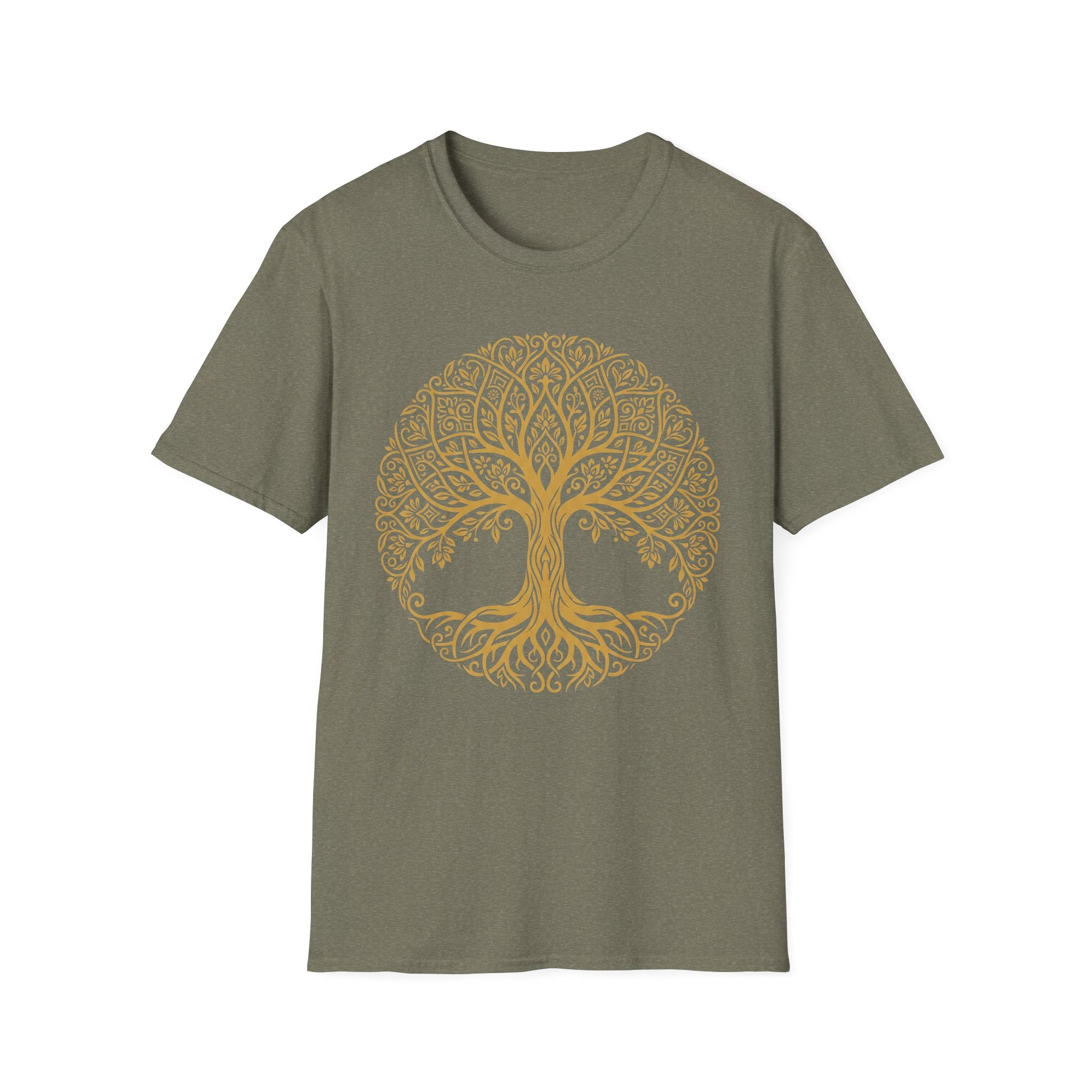 Gold Tree of Life T-shirt, Celtic mandala tree graphic on olive green tee