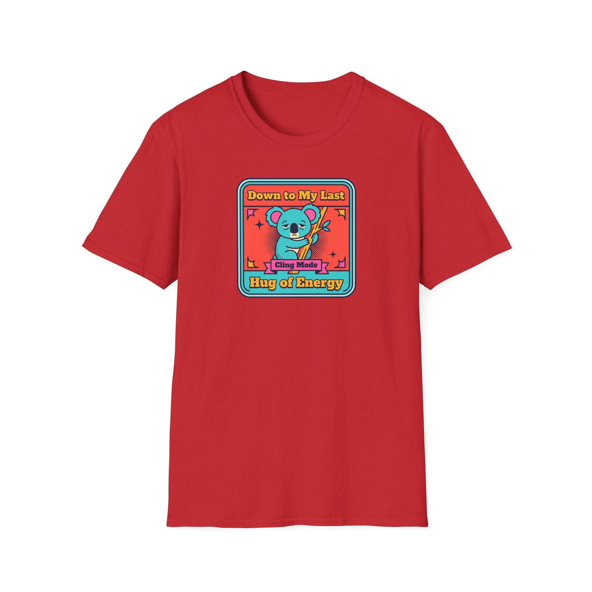 Red graphic T-shirt flat lay with koala hug energy badge chest print