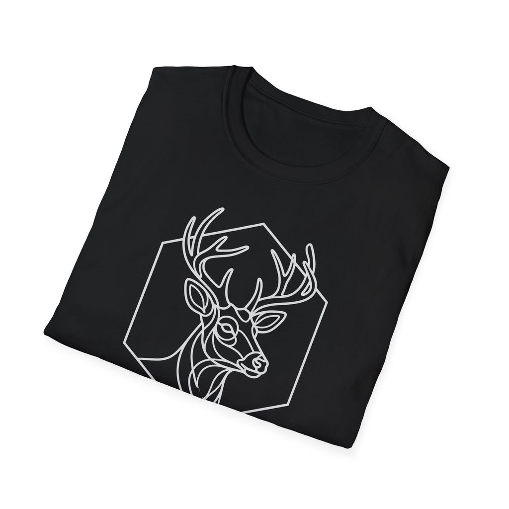 Black deer t-shirt with white outlined stag head graphic inside hexagon