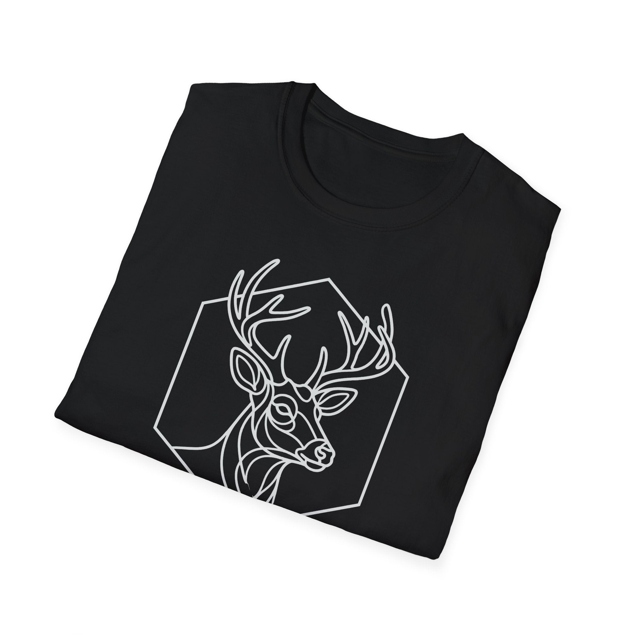 Black deer t-shirt with white outlined stag head graphic inside hexagon