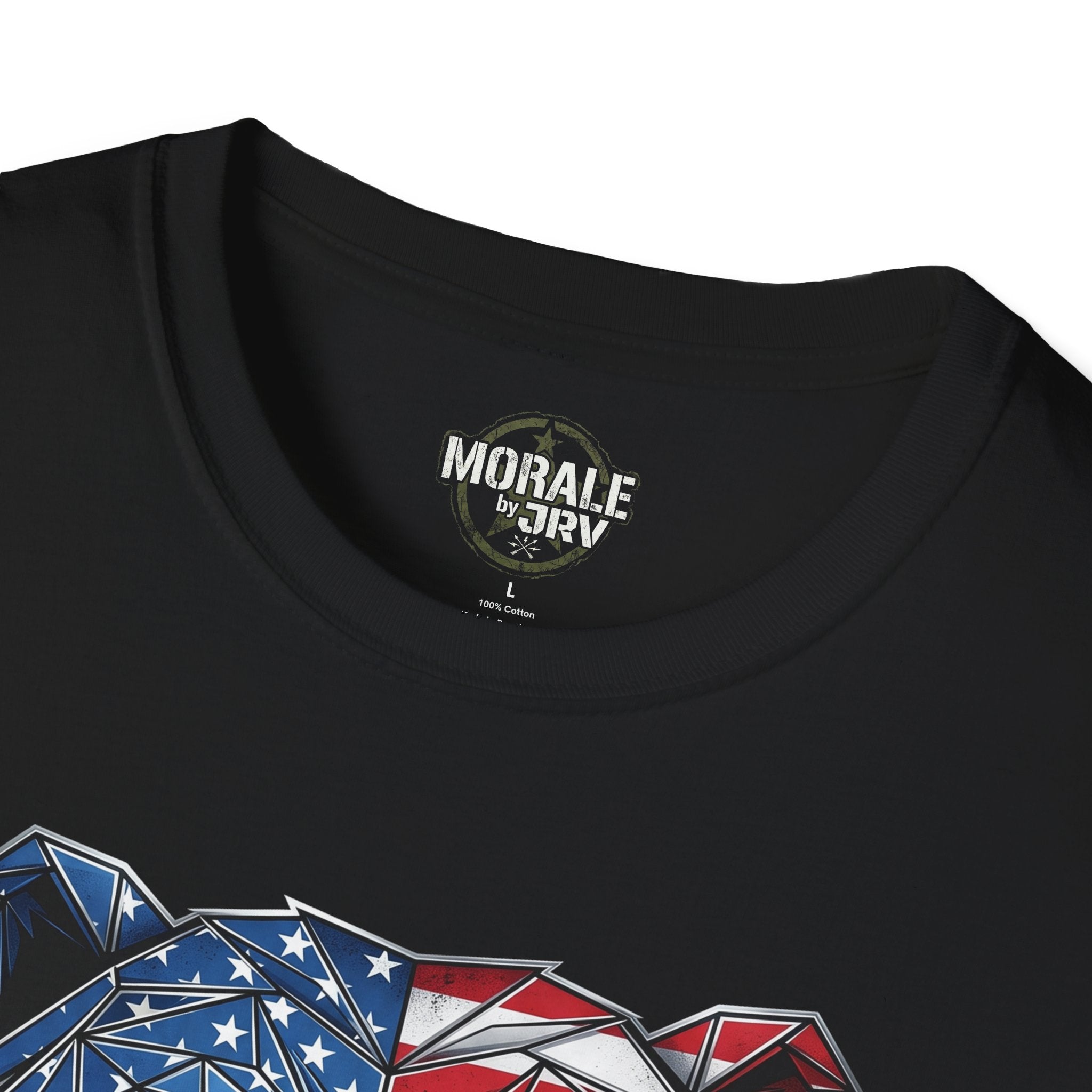 Black T-shirt close-up of crew neckline with small logo patch
