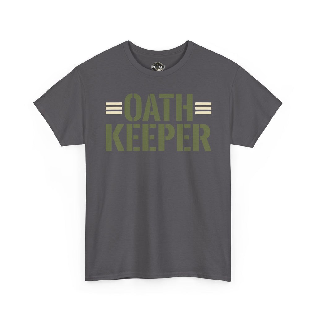 Charcoal T-shirt with "OATH KEEPER" stencil graphic on front.