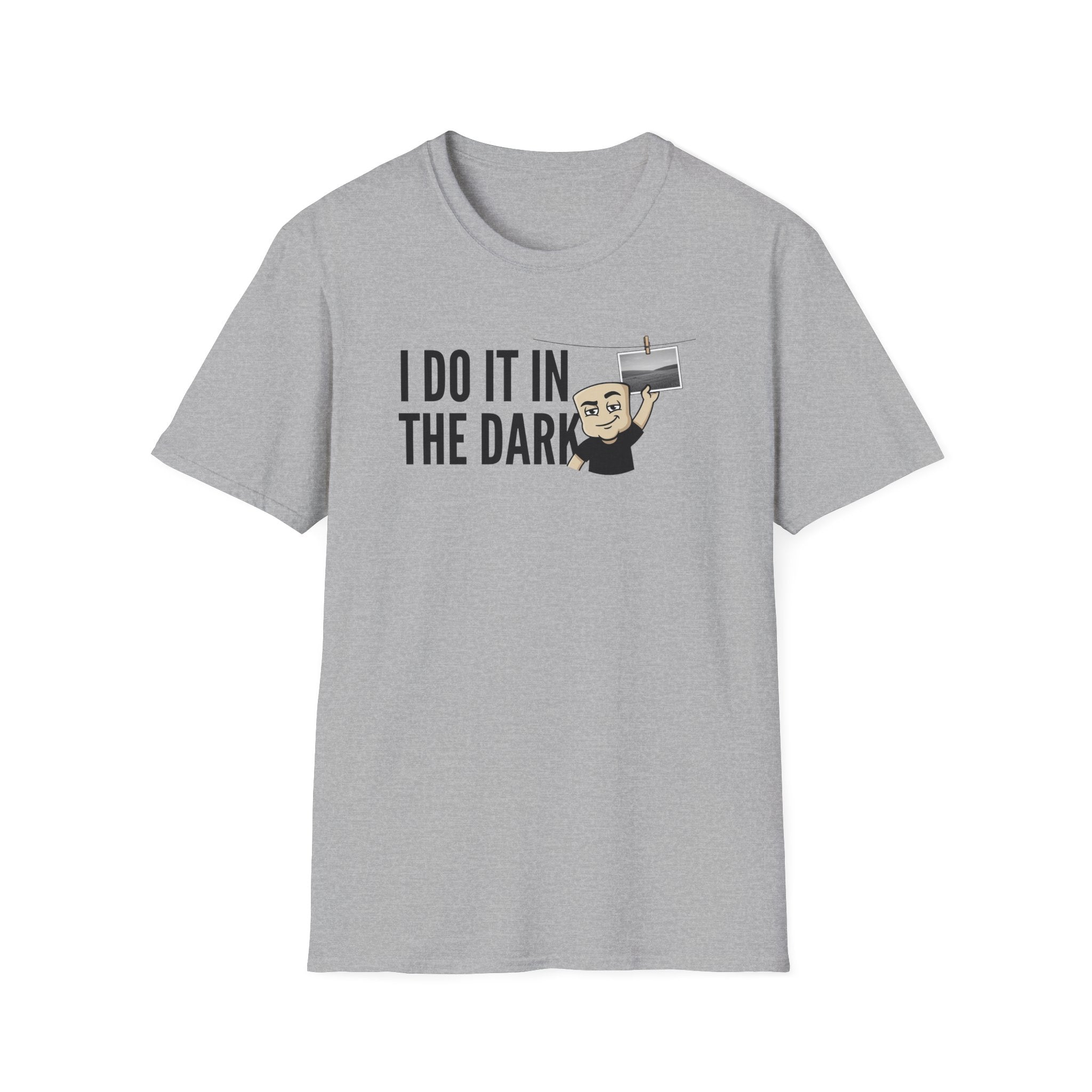 Light gray T-shirt with “I DO IT IN THE DARK” camera graphic on chest