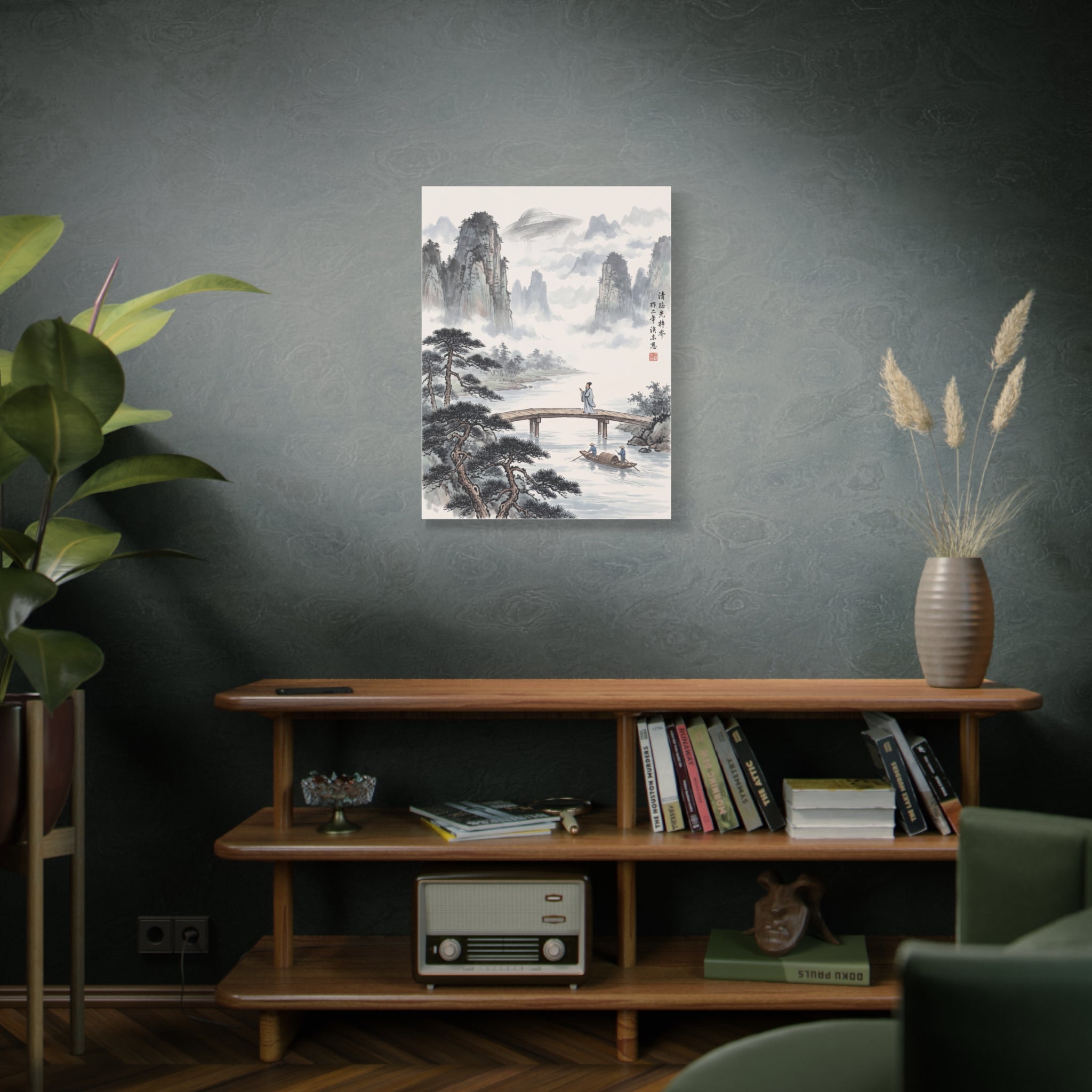 Framed landscape wall art print of misty mountains, lake, bridge, and boats