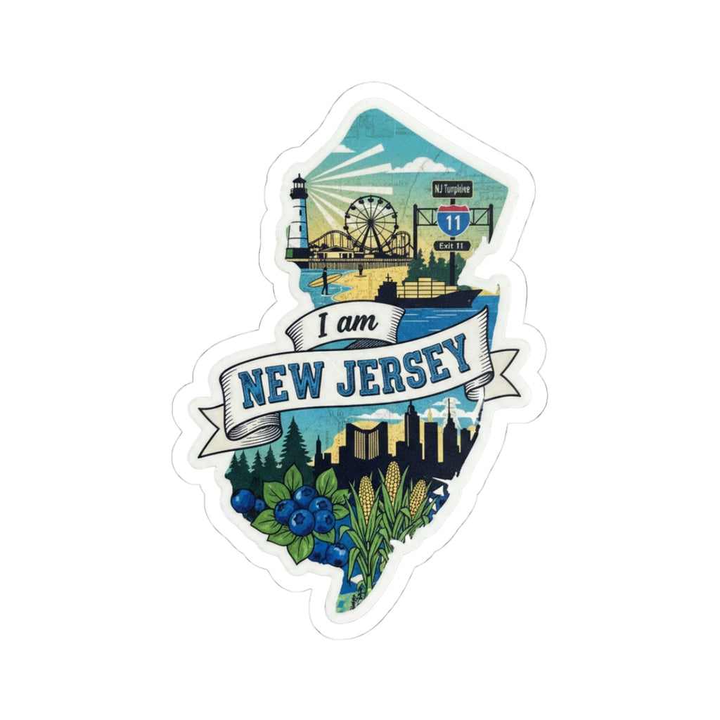 I Am New Jersey sticker with blue, green landscape and banner text