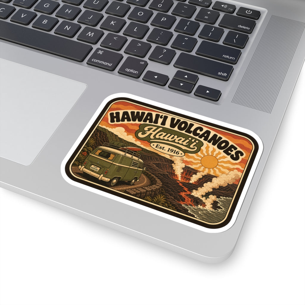 Kiss-cut travel sticker with Hawaii Volcanoes and Hawaii Est. 1916 on laptop keyboard