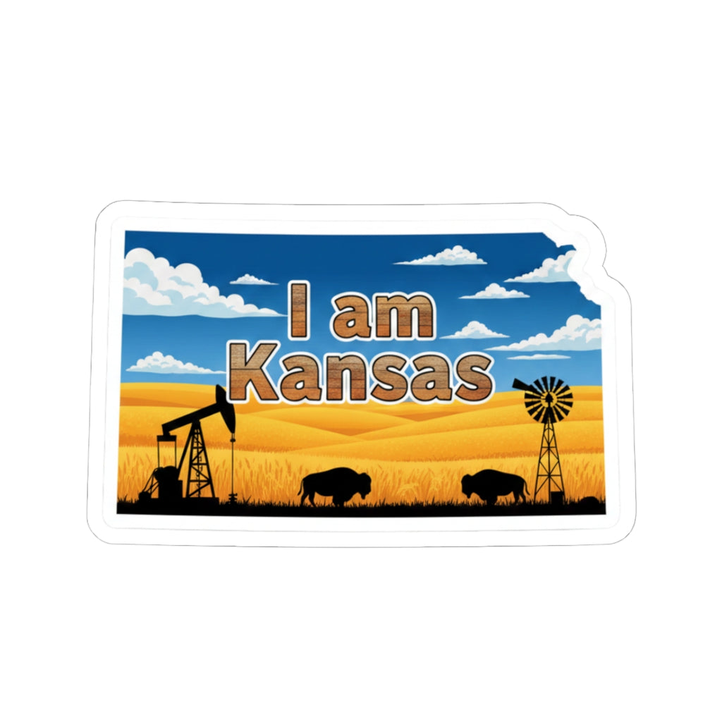 I am Kansas sticker: blue sky with windmill, bison, and “I am Kansas”