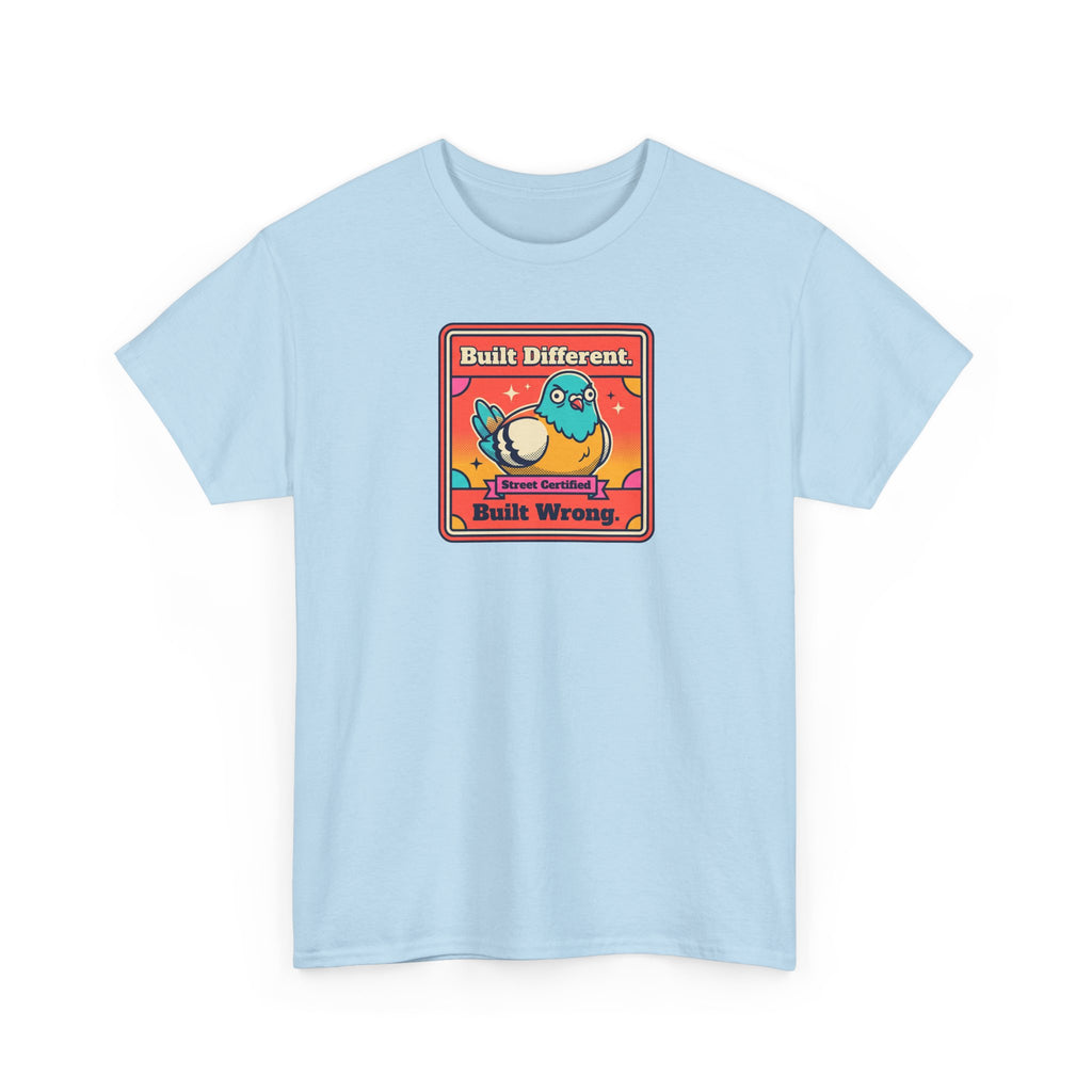 Light blue T-shirt with framed cartoon bird graphic on the chest